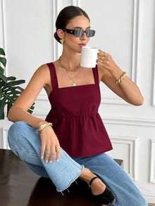 Camiseta de tirantes de algodón de unicolor casual para mujer - Burdeos - Ver 3