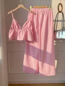 casual de 2 piezas de mujer con rayas tejidas, para primavera/verano - Rosa - Ver 2