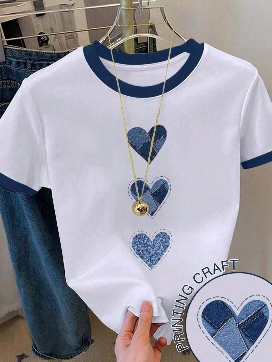 Camiseta casual de mujer de manga corta con cuello redondo y estampado de corazón en bloques de color - Blanco 8 - Ver 1