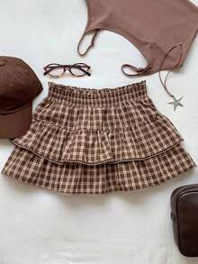 Falda pantalón para mujeres para conciertos campestres, blanca, de tejido, con cintura elástica y volantes en el bajo con silueta evasé - Marrón - Ver 7