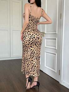 Vestido de tirantes midi con estampado de leopardo sexy para mujer, vestido maxi para primavera/verano, atuendo de crucero para mujeres - Marrón - Ver 7