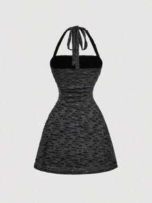 Vestido de línea A con cintura ceñida y cuello halter en color borgoña, vestidos de graduación cortos para mujeres, ropa de verano elegante, vestidos de mujer, vestidos de fiesta para mujeres, ropa de verano para mujeres, atuendo de cumpleaños p - Gris Oscuro - Ver 4