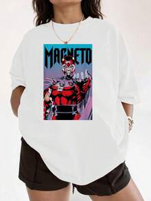 Image Of A Powerful Character With A Red Metal Helmet Extending His Hand, Displaying Strength And Control Over The Metal, A Symbol Of Power And Magnetism, Against A Vibrant Blue Background That Highlights His Energy. A Comfortable And Modern Casual Women's T-Shirt For Everyday Wear. - 白色 - 查看 1