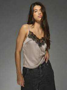 Top de satén con escote en V, tirantes finos, estilo elegante de camiseta, para primavera y verano - Gris - Ver 1