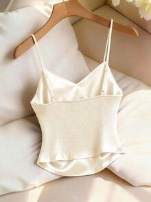 Blusa de satén sin mangas con cuello en V y diseño de fruncido en la cintura, favorecedora, elegante, sexy y versátil para primavera/verano - Beis - Ver 2
