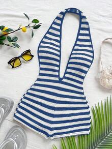 Body sexy de punto blanco con textura y patrón ondulado, escote en V profundo y espalda descubierta para mujer, elegante y ajustado, adecuado para fiestas, citas, té de la tarde, vacaciones boho, playa, atuendo de verano. - Azul - Ver 4