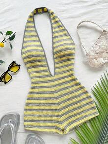 Body sexy de punto blanco con textura y patrón ondulado, escote en V profundo y espalda descubierta para mujer, elegante y ajustado, adecuado para fiestas, citas, té de la tarde, vacaciones boho, playa, atuendo de verano. - Amarillo - Ver 1
