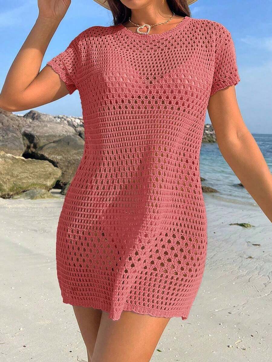Conjunto de ropa de verano para mujer - Cubierta de playa de unicolor con cortes huecos, estilo de vacaciones de verano - Rosado Sandía - Ver 1
