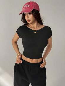 Camiseta negra con espalda abierta, adecuada para talla pequeña, para verano - Negro 2 - Ver 5