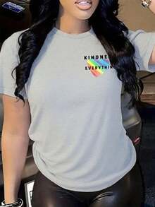 Women's Casual Rainbow Heart Print T-Shirt, Loose Fit Women's Multicolor Heart Print T-Shirt - 灰色的 - 查看 1