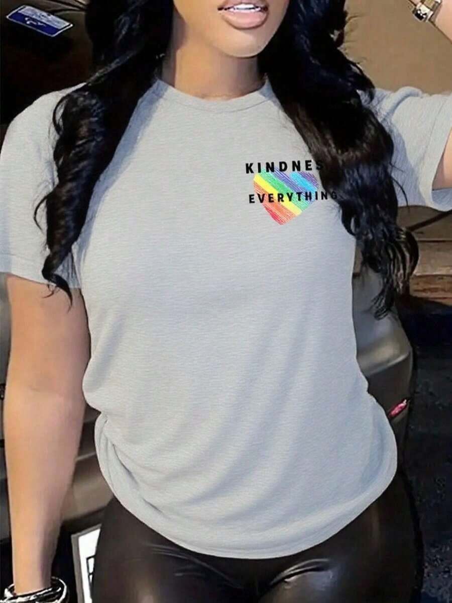 Women's Casual Rainbow Heart Print T-Shirt, Loose Fit Women's Multicolor Heart Print T-Shirt - 灰色的 - 查看 1