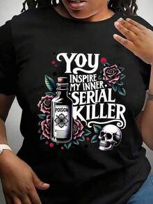 Camiseta de Verano para Mujer Talla Grande con Estampado de Botella de Veneno, Rosa, Calavera y Lema, Blusa Casual Negra para Mujer, Ropa Casual para Mujer - Negro - Ver 7