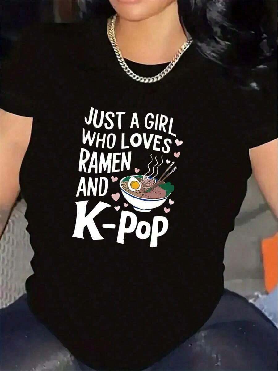 Women's Black And White Polyester T-Shirt - "Only One Who Loves Ramen And K-Pop" Graphic, Soft And Lightweight, Casual Fit, Perfect Gift For Food And Music Enthusiasts, Ramen Accessories - 黑色 - 查看 1
