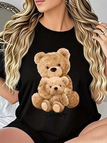 Nueva Camiseta Casual de Verano para Mujer con Estampado de Adorable Oso de Peluche y Gráfico "Stay Awesome" - Tejido Suave y Transpirable, Corte Holgado, Cuello Redondo para Atuendo Casual, Lavable a Máquina, Idea de Regalo Perfecta, Camisetas Lindas, Ropa Cómoda, Diseño Divertido, Material de Elasticidad Media - Camiseta Unisex de Algodón de Manga Corta y Cuello Redondo Estilo Vintage Urbano-Vintage Street Style Unisexoose Cotton Short Sleeve Crew Neck T-Shirt - Negro - Ver 6