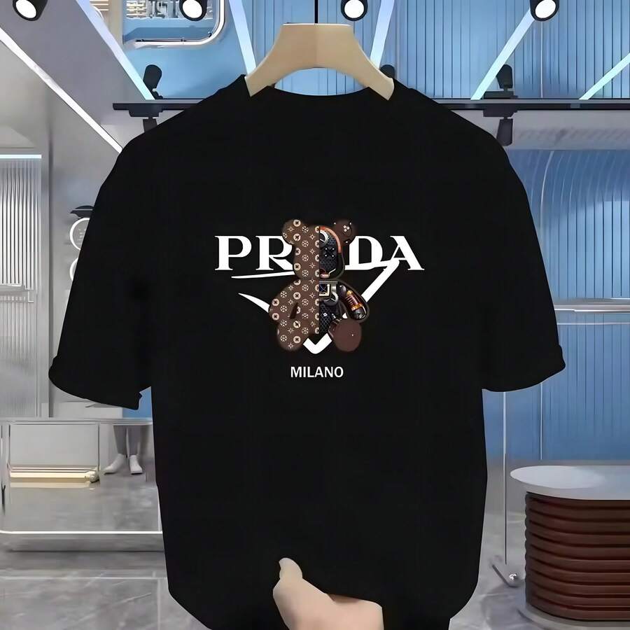 Camiseta de Verano de Lujo para Hombre, Estampada, de Alta Calidad, 100% Algodón Puro, Corte Holgado y Relajado, Elegante y Única, Cuello Redondo - Negro - Ver 1