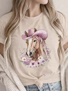 Women's Graphic T-Shirt, Short Sleeve, Round Neck, Basic, Comfortable, Cool, Lightweight, Modern, Youthful Print, Horse, Hat, Cowboy, Cowgirl, Western, Flowers, Floral, Watercolor - 貝斯 - 查看 1