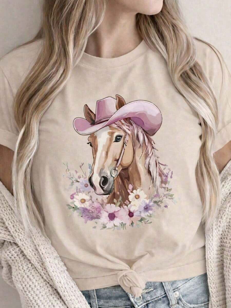 Women's Graphic T-Shirt, Short Sleeve, Round Neck, Basic, Comfortable, Cool, Lightweight, Modern, Youthful Print, Horse, Hat, Cowboy, Cowgirl, Western, Flowers, Floral, Watercolor - 貝斯 - 查看 1