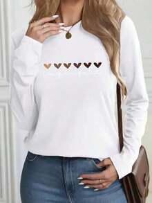 100% cotton Playera camiseta gráfica dama mujer manga larga cuello redondo básica cómoda fresca ligera moderna juvenil casual urbana suave frío estampado corazón corazones café degradado letras imperfect romántico - Blanco - Ver 1