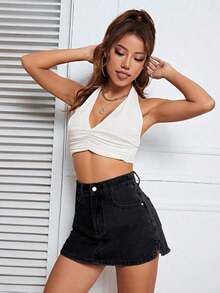 Falda mini de mezclilla lavada casual para mujer, verano - Negro - Ver 5