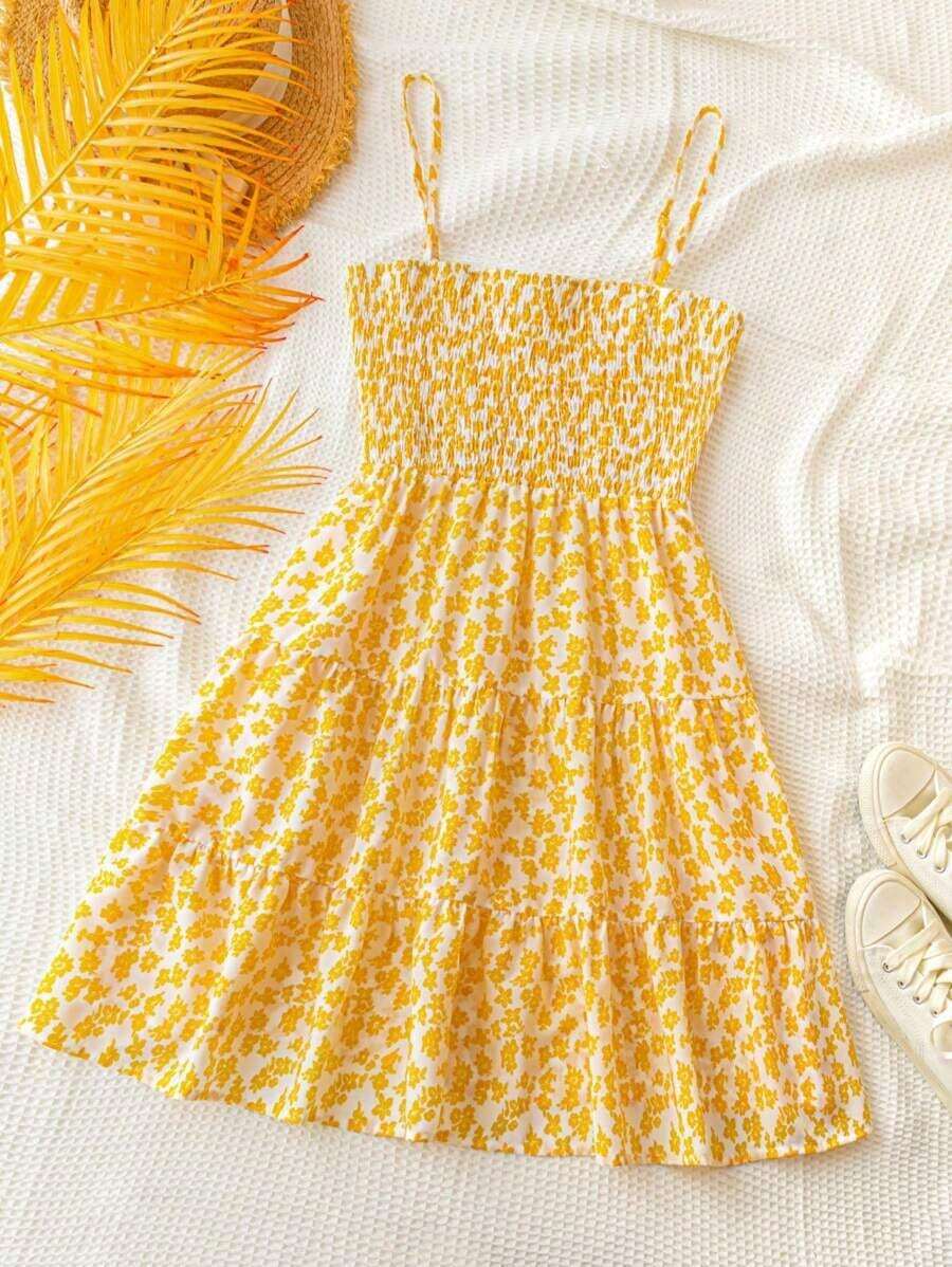 Vestido casual y romántico estilo país con estampado floral diminuto, escote de tirantes, cintura elástica y vuelo, ideal para vacaciones, Pascua, graduación, fiestas de boda, almuerzos y tardes de té en el jardín - Multicolor - Ver 1