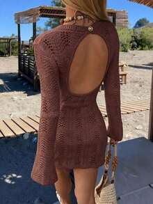 Vestido de suéter casual de unicolor y elegante minimalista para mujer, primavera/verano - Café ligero - Ver 6