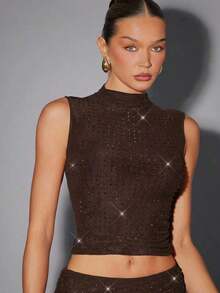 Top de malla con doble capa, cuello alto, color rojo burdeos, con aplicaciones de strass, para fiesta de verano y sexy - Marrón - Ver 1