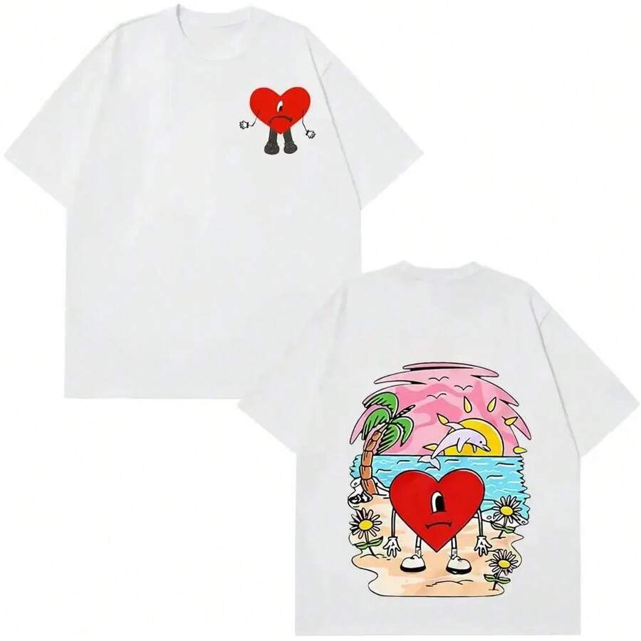 Unisex Vintage Rabbit T-Shirt, Harajuku Style, Latin Music Theme, Short Sleeve, Cotton, Comfortable Fit, Ideal For Music Fans - White T-shirt - View 1