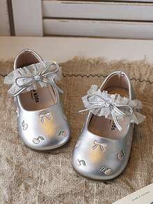 1 Pair Children's Leather Flat Shoes, Soft Leather With Gentle Luster, Mesh Bow Decor, Wide Toe Design For Comfort, Soft Sole Fits Foot Shape, Stable For Running, Jumping And Walking, Hook And Loop Closure For Easy On/Off - Silver - View 2