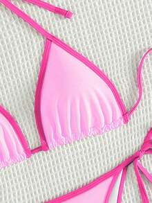 Conjunto de bikini sexy de cuello halter y lazo para mujer en bloque de color para vacaciones, playa de verano - Rosa - Ver 6