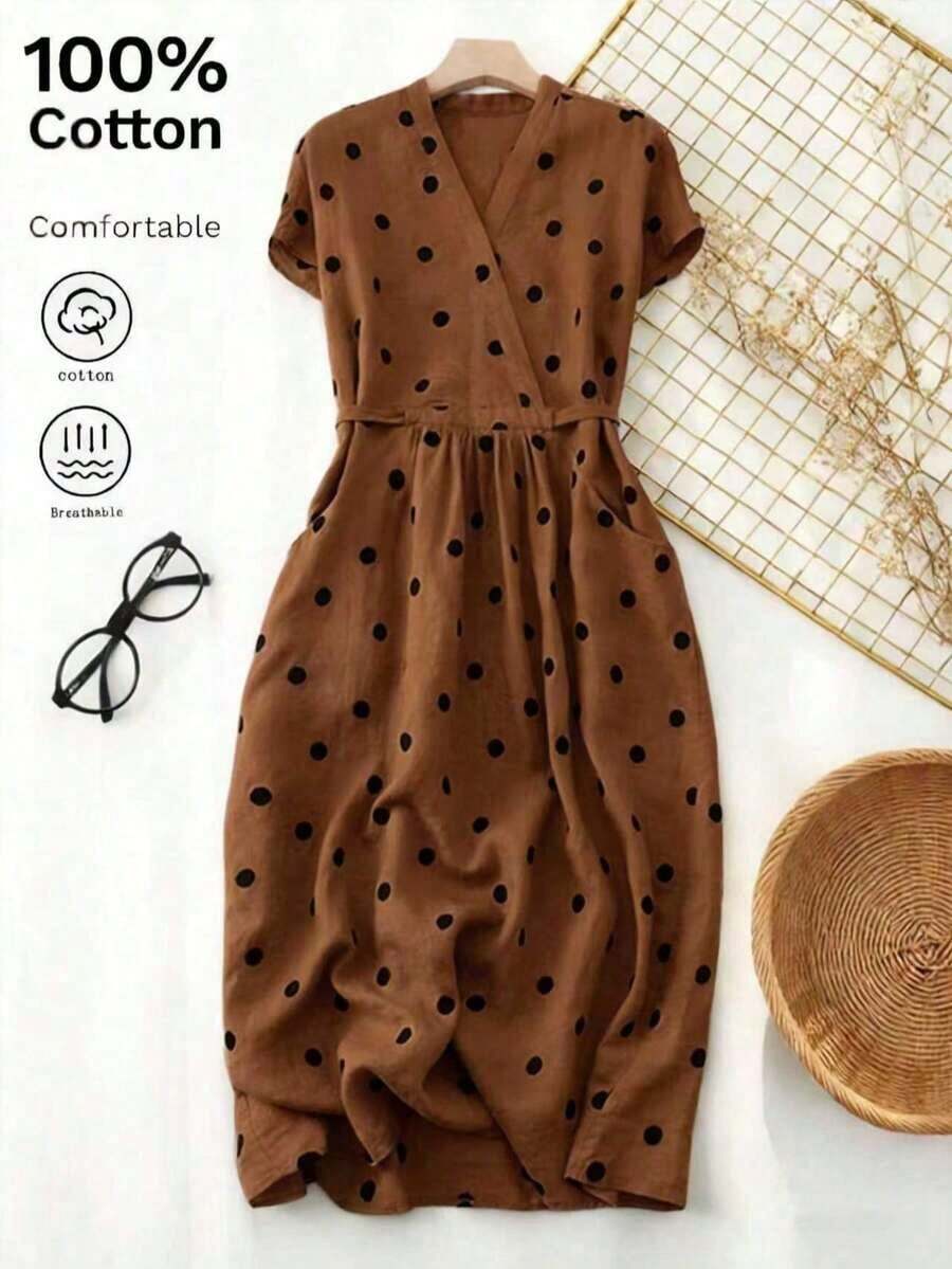 Vestido casual elegante y vintage con estampado de lunares, con bolsillos y lazo en la espalda, silueta minimalista pero refinada de corte evasé con cintura anudada, vestido versátil para oficina/ocasión, conjunto bohemio de lunares para vacaciones, primavera/verano rojo - Marrón - Ver 1