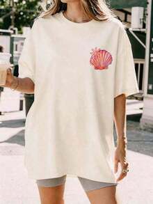Conjuntos de Verano para Mujer 2026 Primavera/Verano: Nueva Camiseta de Verano de Manga Corta para Mujer con Cuello Redondo, Estampado Artístico de Conchas y Estrellas, Estilo Casual para Vacaciones en la Playa, Estampado de Doble Cara, Holgada y Cómoda, Ropa de Verano para Mujer. - Estilo - Ver 5