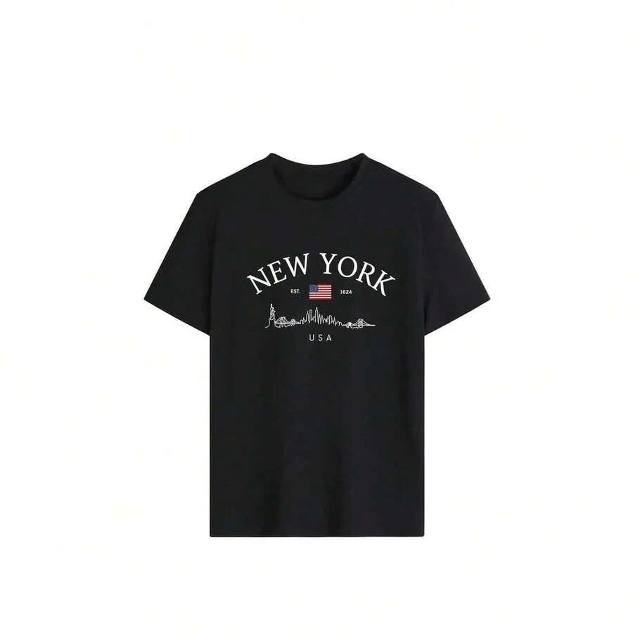 Nueva camiseta de manga corta con cuello redondo para mujeres, diseño urbano, combina perfectamente un estampado de la ciudad de Nueva York con la bandera estadounidense sobre fondo negro, transpirable y absorbe la sudoración. Envío directo desde nuestro almacén local, modelo para parejas, ideal para llevar en pareja. - 1 pieza, empaque individual, color negro - Ver 1