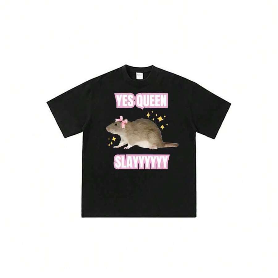 Camiseta unisex de manga corta con estampado gráfico de dibujos animados de anime Rat-Yes-Queen-Slay-Meme - Negro - Ver 1