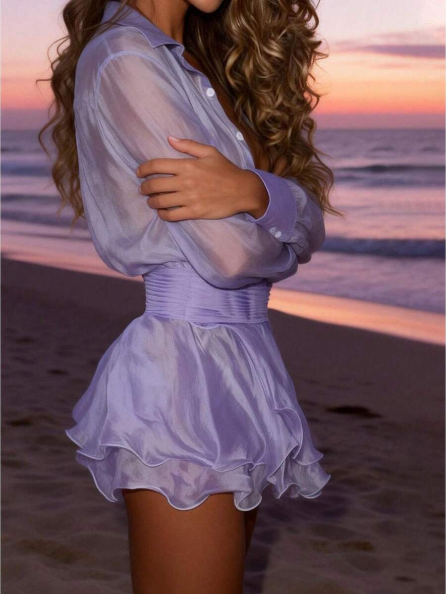 Women's Sheer Mini Dress Long Sleeve Button Down Ruffled Skirt Fashionable Solid Color Light Blue Dress - Morado claro - Ver 1