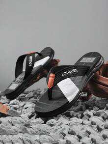 Men's Summer Beach Slippers With Woven Strap Design And Color Blocking, Suitable For Beach, Outdoor And Casual Wear, Refreshing And Versatile Flip Flops - Black - View 4