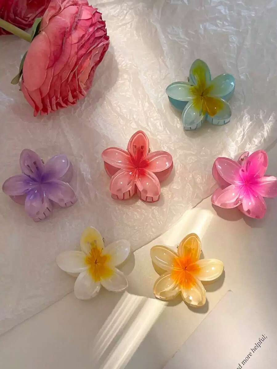 6个装女士渐变色发夹,1.57英寸/4厘米,精致花朵轻盈塑料发爪,时尚百搭优雅纯色发夹,适合日常佩戴、休闲、派对、海滩、马尾辫、发髻、洗脸、化妆、服装配饰、夏季海滩发夹 - 彩色 - 查看 1