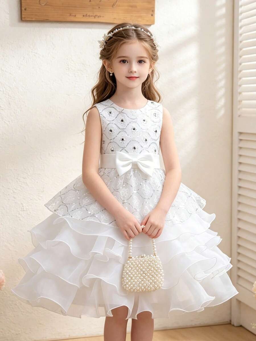 Vestido de tutú de pastel de múltiples capas para niñas, vestido de fiesta para niños para bodas, cumpleaños, recitales de piano, vestido de noche - Blanco - Ver 1