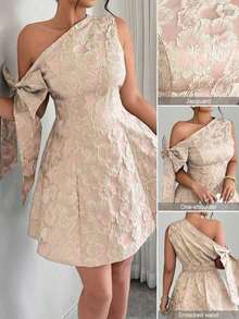 Vestido mini asimétrico de hombro con cintura recogida, decoración de lazo y tela jacquard, elegante para fiesta/cita, primavera/verano - Rosa Pálido - Ver 11
