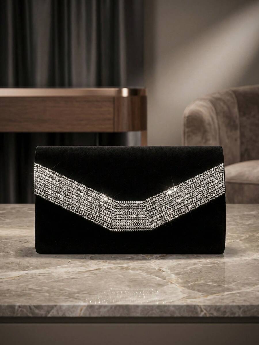 Bolso de mano de terciopelo con strass negros, bolso de fiesta formal con correa de cadena - Negro - Ver 1