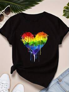 Women's Short-Sleeved Sports T-Shirt With Heart Paint Splatter Print, Size [Size Missing] - Black - View 4
