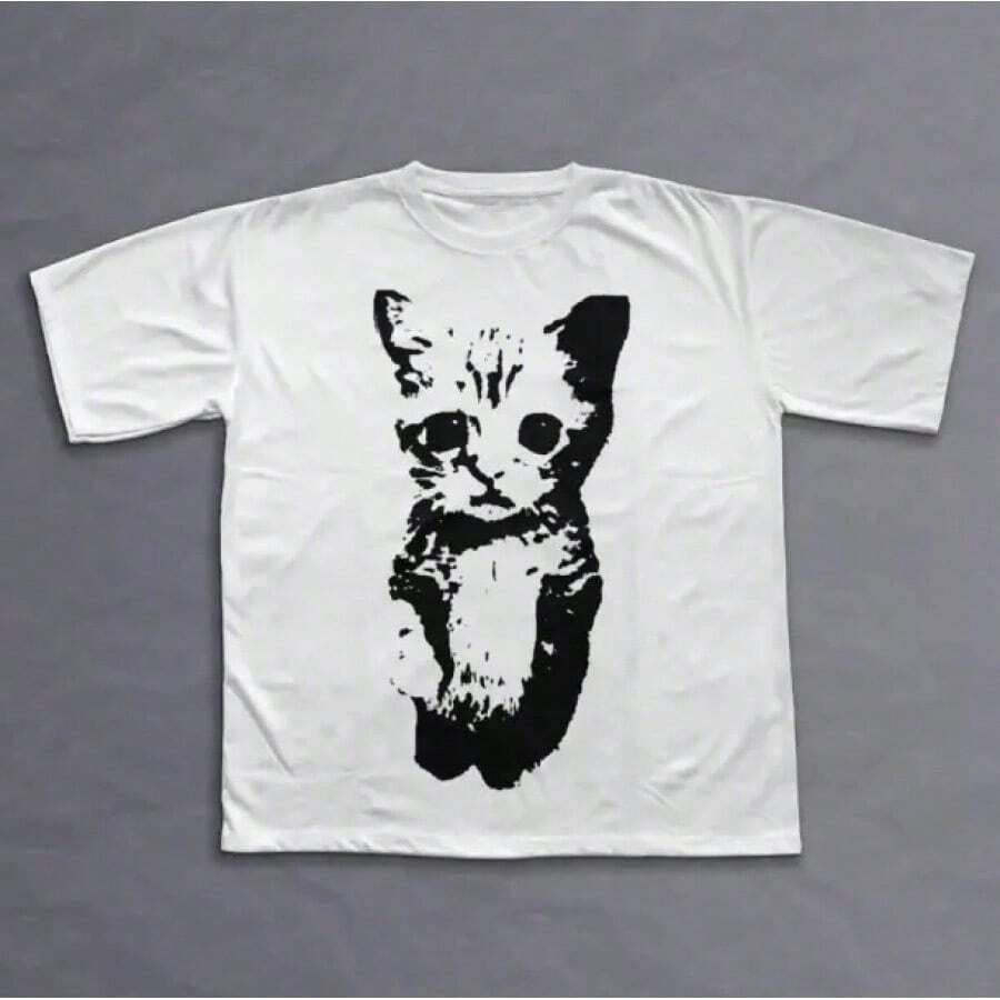 Cat Y2k T-Shirt, Unisex Vintage Graphic Tees, Gothic Grunge Y2k Emo Style, Amity Style Clothing, Streetwear For Men And Women XSYX - 白色 - 查看 1