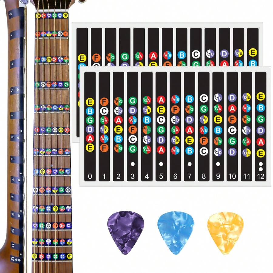 2pcs Self-Adhesive Guitar Fretboard Note Stickers, Comes With 3pcs Random Color Guitar Picks (0.71mm Thickness), Colorful Note Stickers Fretboard Grid - Best Guitar Learning Tool For Beginners - Black - View 1
