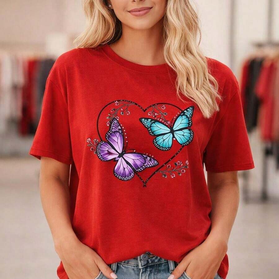 Camiseta de algodón puro para mujer, talla grande M-5XL, cuello redondo, manga corta, estampado de corazón de mariposa, corte holgado informal, suave y transpirable, top básico de verano, camiseta gráfica de moda para uso diario. Adecuada para primavera, verano y otoño. - Rojo - Ver 1