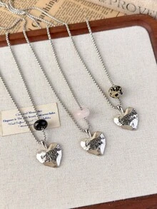 1pc Korean Style Personalized Stone Heart Letter Pendant Necklace, Unique High-End Sweater Chain, Versatile Daily Accessory For Women - Necklace - View 1