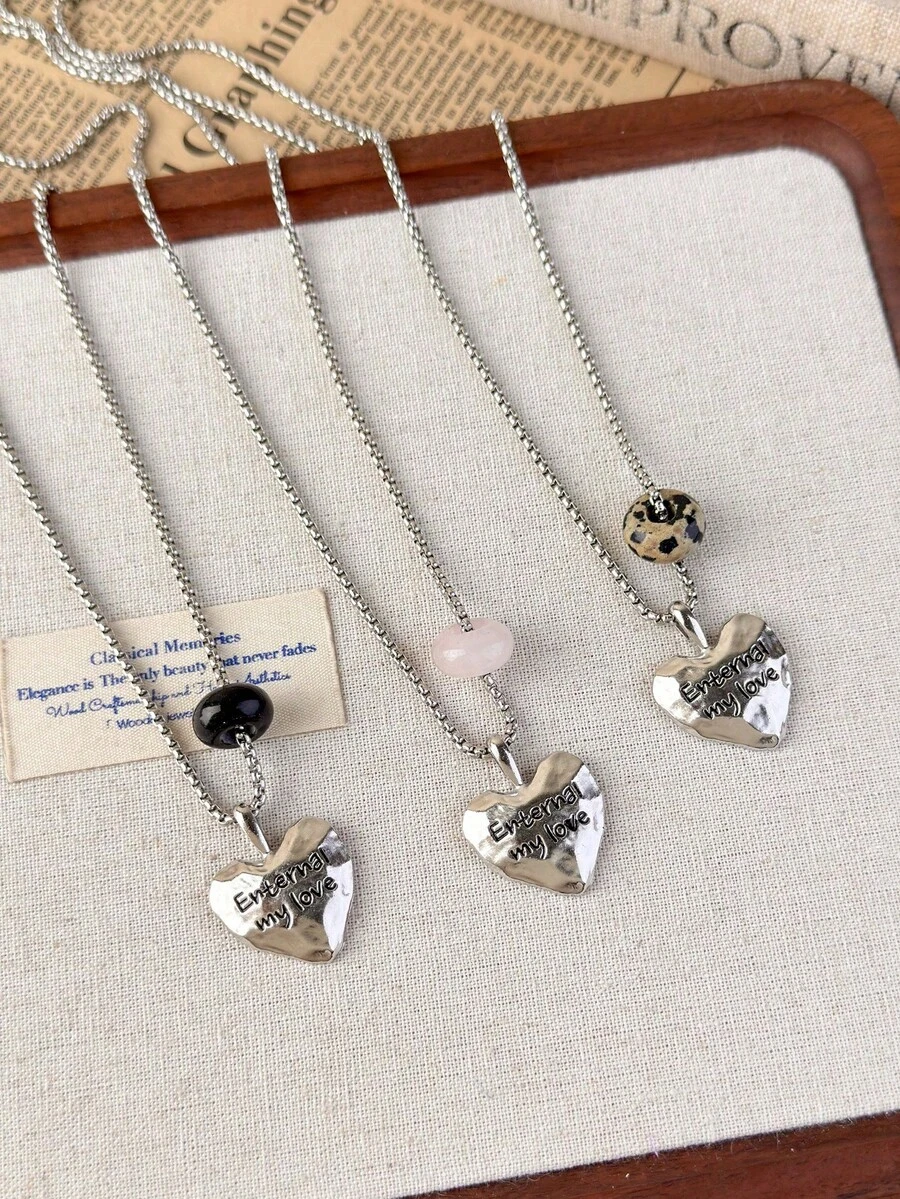 1pc Korean Style Personalized Stone Heart Letter Pendant Necklace, Unique High-End Sweater Chain, Versatile Daily Accessory For Women - Necklace - View 1