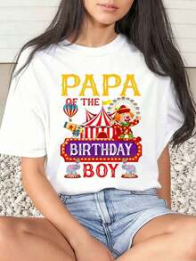 1 Piece Women's T-Shirt "Birthday Boy's Dad" With Circus And Carnival Print, Daily Use, Round Neck, Short Sleeve, Soft And Comfortable, 220g/180g, 100% Cotton - 白色 - 查看 6