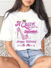 1 Piece Women's T-Shirt With Crown And High Heel Print "The Queen Was Born In September Happy Birthday To Me" For Birthday Celebration, Daily Use, Round Neck, Short Sleeve, Comfortable, 220g/180g, 100% Cotton - 白色 - 查看 6