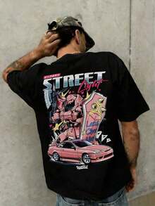Fractyr Men's Fashionable Printed Loose Fit Short Sleeve T-Shirt | Exquisite Design | Racing Car And Cherry Blossom Print | Summer Essential | Easy To Match, Show Off Your Style - 黑色 4 - 查看 7