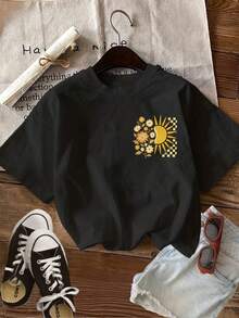 [Double-Sided Print] Women's Casual Spring And Summer Top, Vintage Style, Sun And Flower Print, Round Neck, Pure Cotton Short-Sleeve T-Shirt - Unisex Vintage Style Loose Cotton Short-Sleeve T-Shirt, Blouses For Women. Casual Blouses For Ladies. - 黑色 - 查看 3