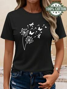 Short-Sleeved T-Shirt With Animal Print, 100% Cotton, Crew Neck, For Spring/Summer, Machine Washable, Economical And Suitable For Casual Wear In All Seasons, Women's T-Shirt 97431-Vintage Street Style Unisex Loose Cotton Short Sleeve Crew Neck T-Shirt Blouses For Women. Blouses.Casual Blouses For Ladies. - 黑色 - 查看 6